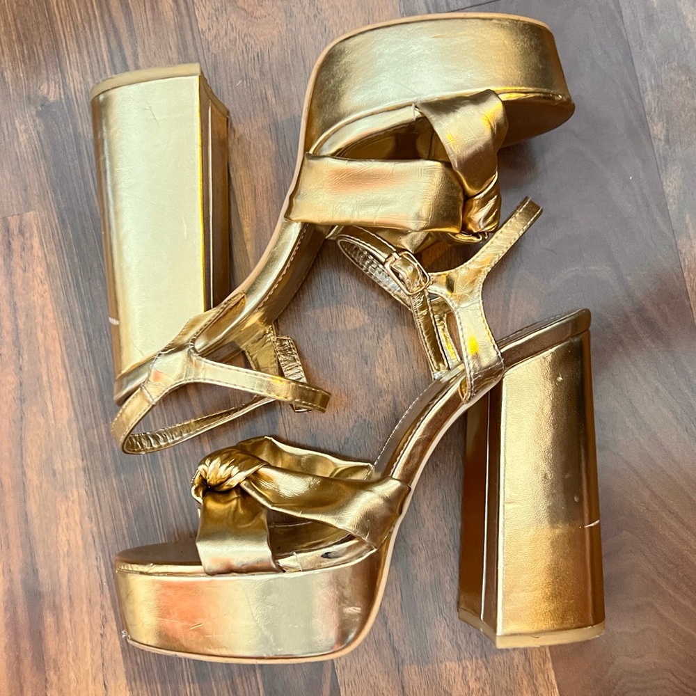 Metallic gold block heels